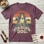For the Love of Dog Bull Terrier T-Shirt flat lay in Heather Maroon, featuring a vintage badge of a crowned Bull Terrier seated on a throne.