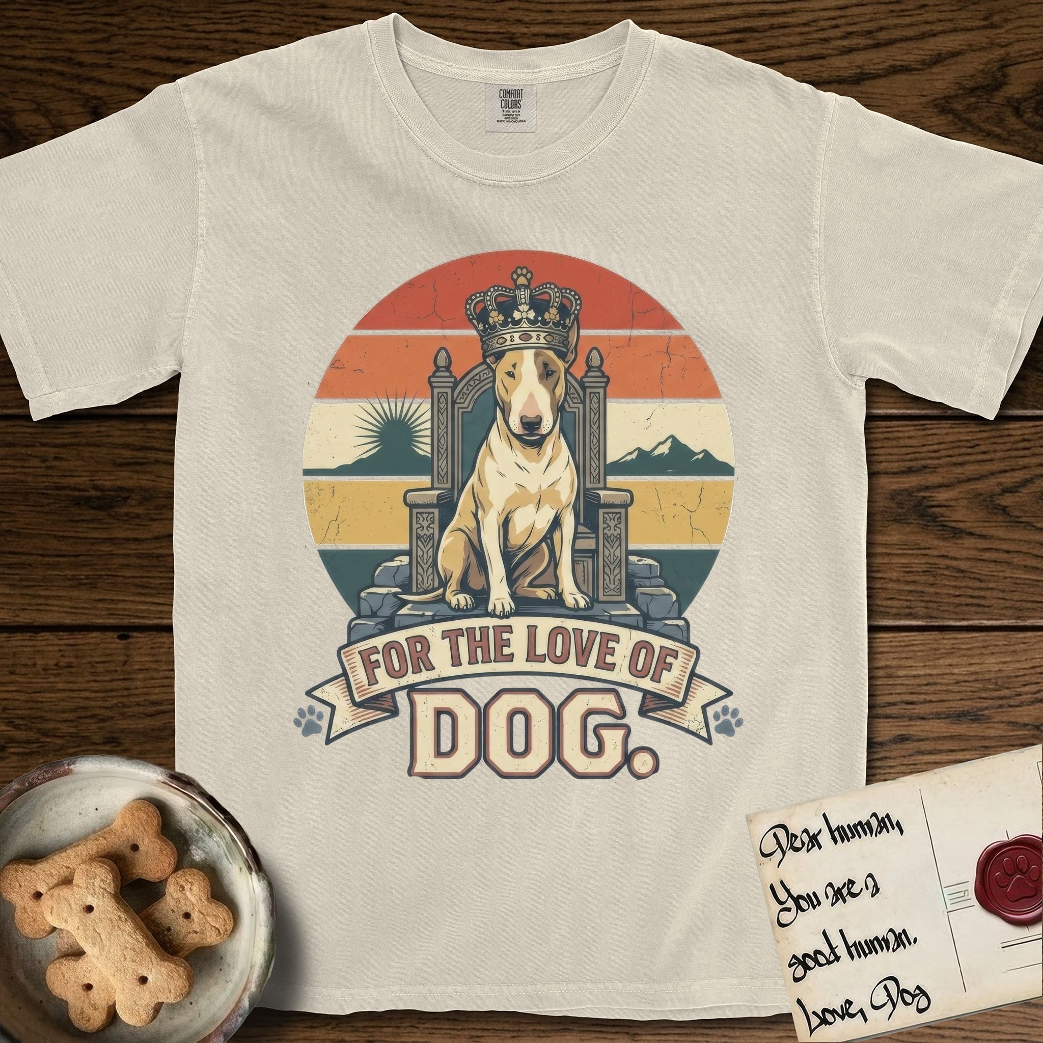For the Love of Dog Bull Terrier T-Shirt flat lay in Ivory, featuring a vintage badge of a crowned Bull Terrier seated on a throne.