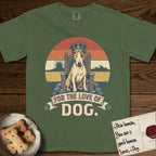 For the Love of Dog Bull Terrier T-Shirt flat lay in Moss, featuring a vintage badge of a crowned Bull Terrier seated on a throne.