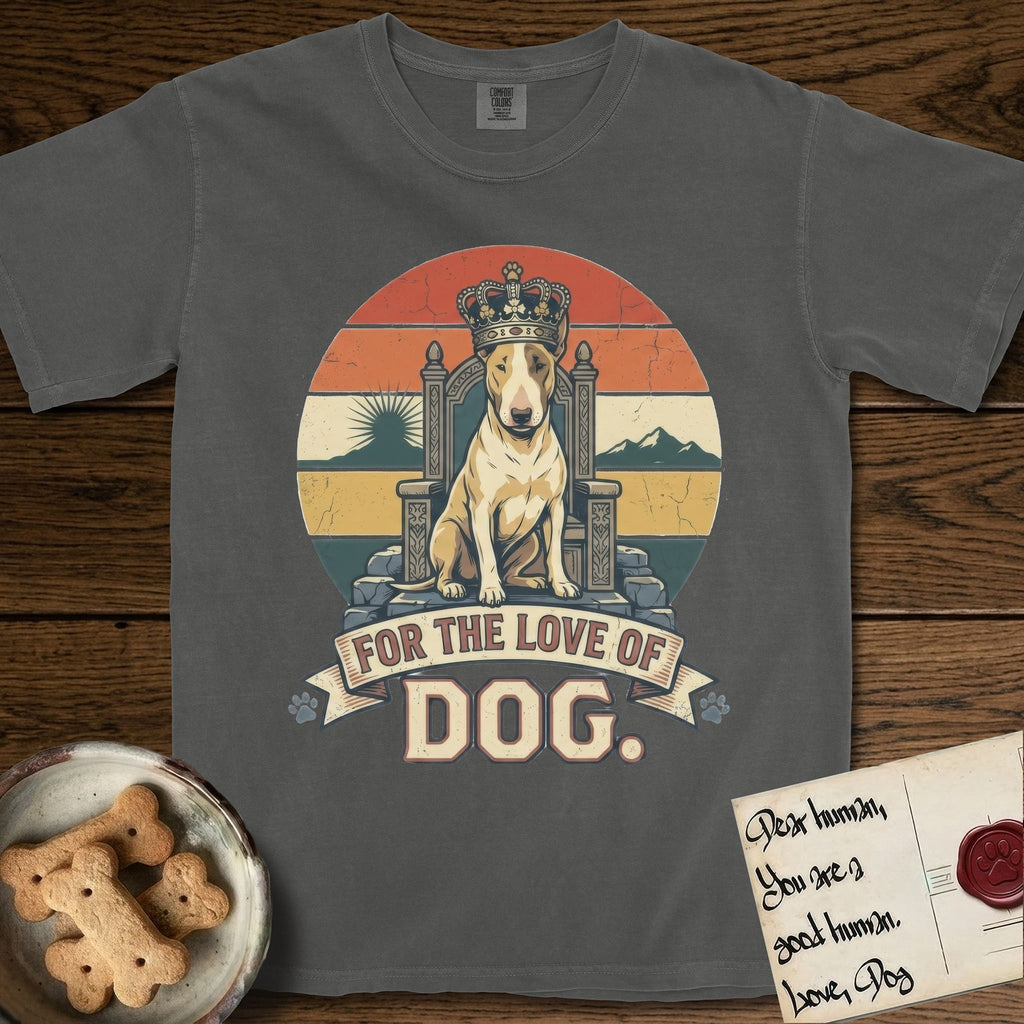 For the Love of Dog Bull Terrier T-Shirt flat lay in Pepper, featuring a vintage badge of a crowned Bull Terrier seated on a throne.