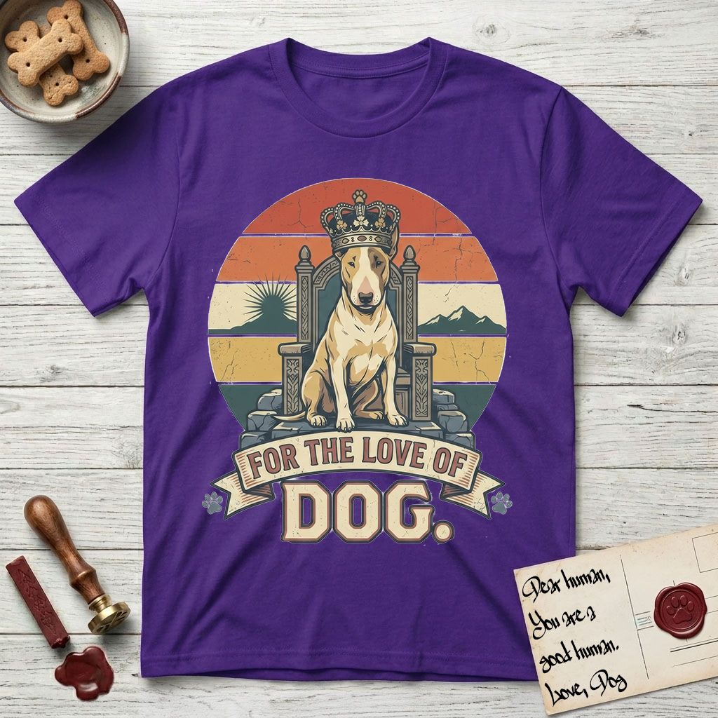 For the Love of Dog Bull Terrier T-Shirt flat lay in Purple, featuring a vintage badge of a crowned Bull Terrier seated on a throne.