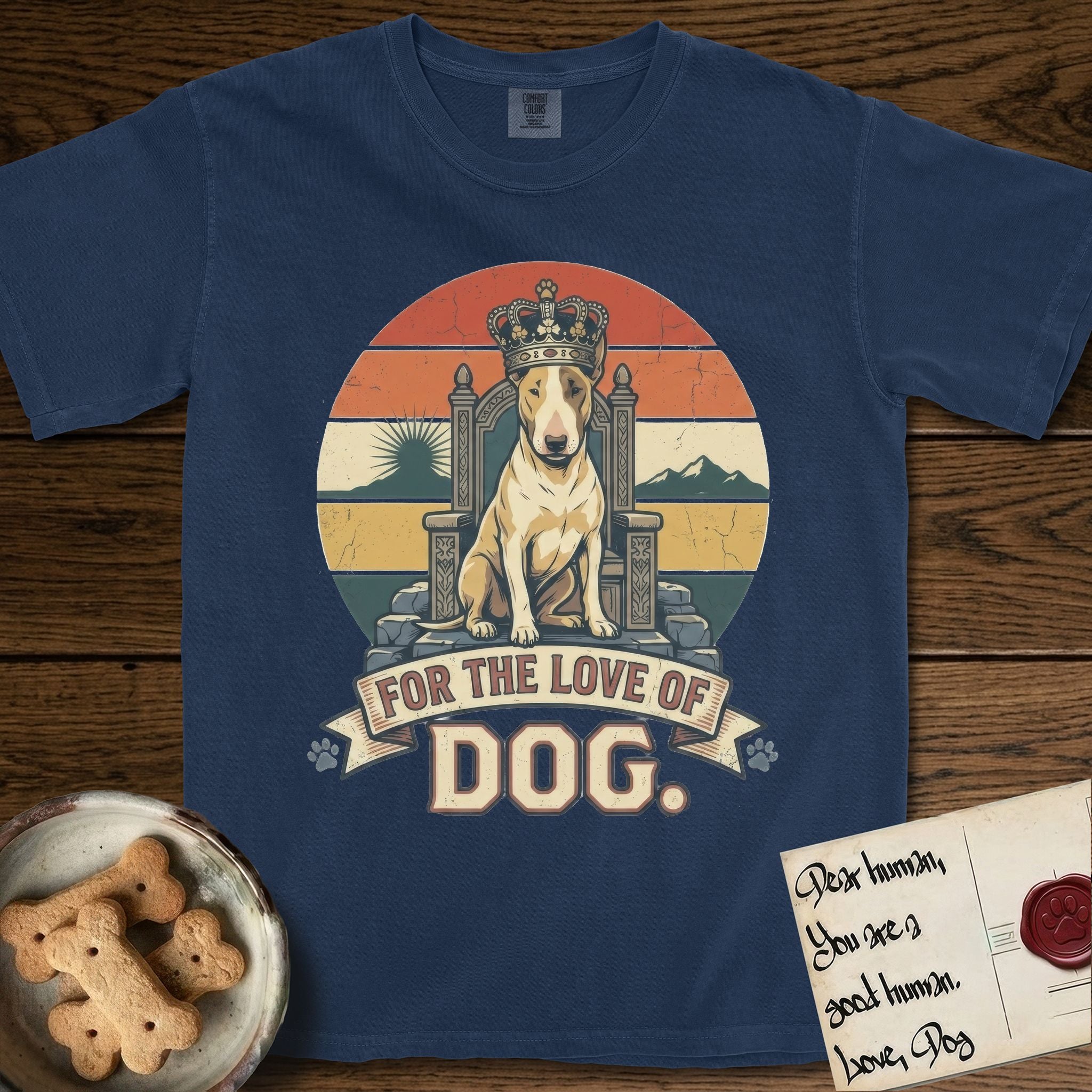 For the Love of Dog Bull Terrier T-Shirt flat lay in True Navy, featuring a vintage badge of a crowned Bull Terrier seated on a throne.