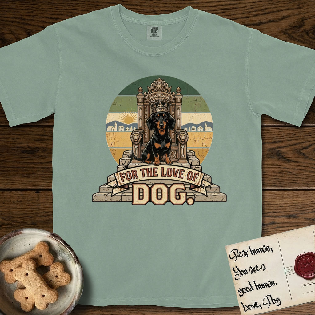 For the Love of Dog Dachshund T-Shirt flat lay in Bay, featuring a vintage badge of a crowned Dachshund seated on a throne.