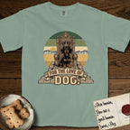 For the Love of Dog Dachshund T-Shirt flat lay in Bay, featuring a vintage badge of a crowned Dachshund seated on a throne.