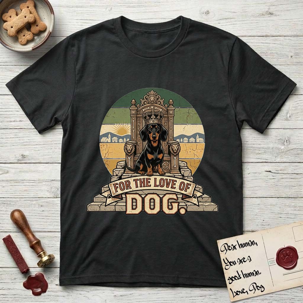 For the Love of Dog Dachshund T-Shirt flat lay in Black, featuring a vintage badge of a crowned Dachshund seated on a throne.