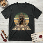 For the Love of Dog Dachshund T-Shirt flat lay in Black, featuring a vintage badge of a crowned Dachshund seated on a throne.