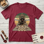 For the Love of Dog Dachshund T-Shirt flat lay in Cardinal Red, featuring a vintage badge of a crowned Dachshund seated on a throne.