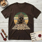 For the Love of Dog Dachshund T-Shirt flat lay in Dark Chocolate, featuring a vintage badge of a crowned Dachshund seated on a throne.