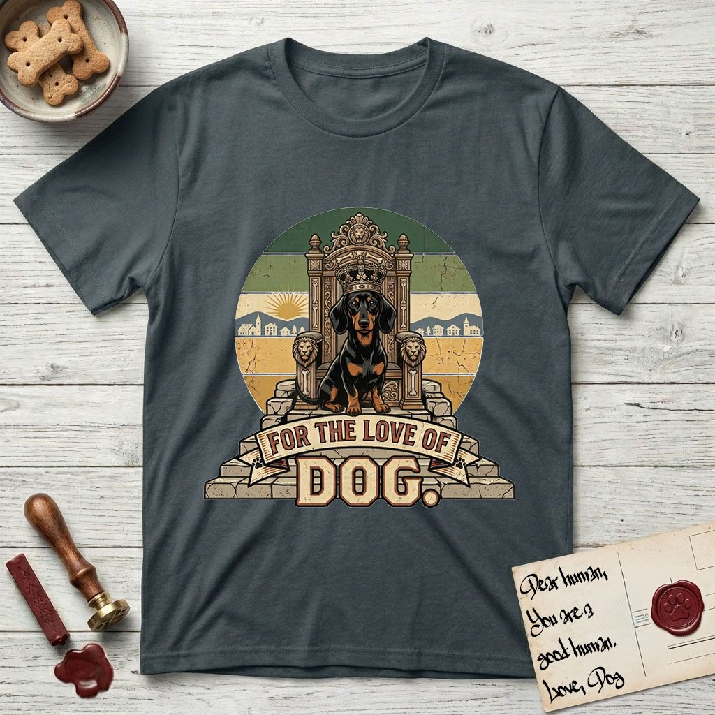 For the Love of Dog Dachshund T-Shirt flat lay in Dark Heather Grey, featuring a vintage badge of a crowned Dachshund seated on a throne.