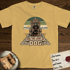 For the Love of Dog Dachshund T-Shirt flat lay in Mustard, featuring a vintage badge of a crowned Dachshund seated on a throne.
