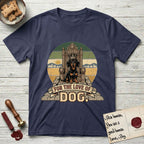 For the Love of Dog Dachshund T-Shirt flat lay in Navy, featuring a vintage badge of a crowned Dachshund seated on a throne.