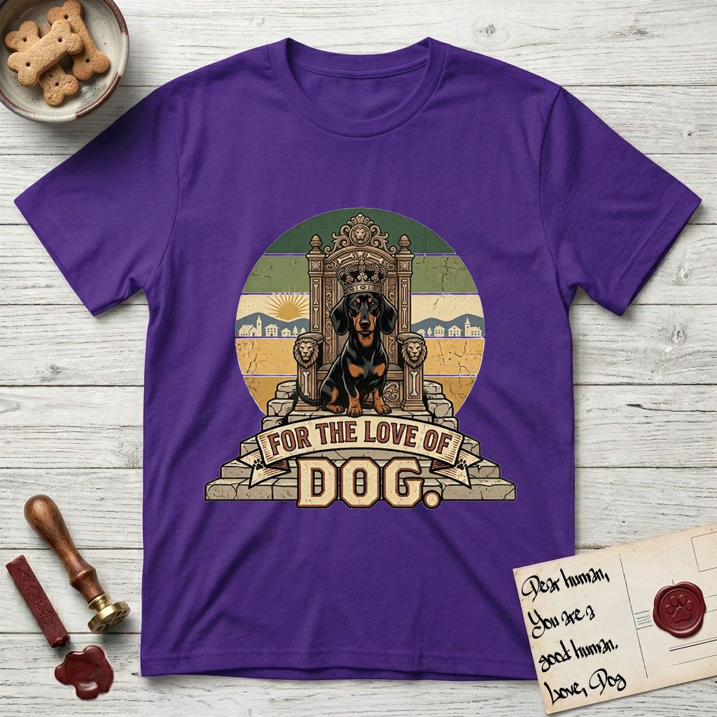 For the Love of Dog Dachshund T-Shirt flat lay in Purple, featuring a vintage badge of a crowned Dachshund seated on a throne.