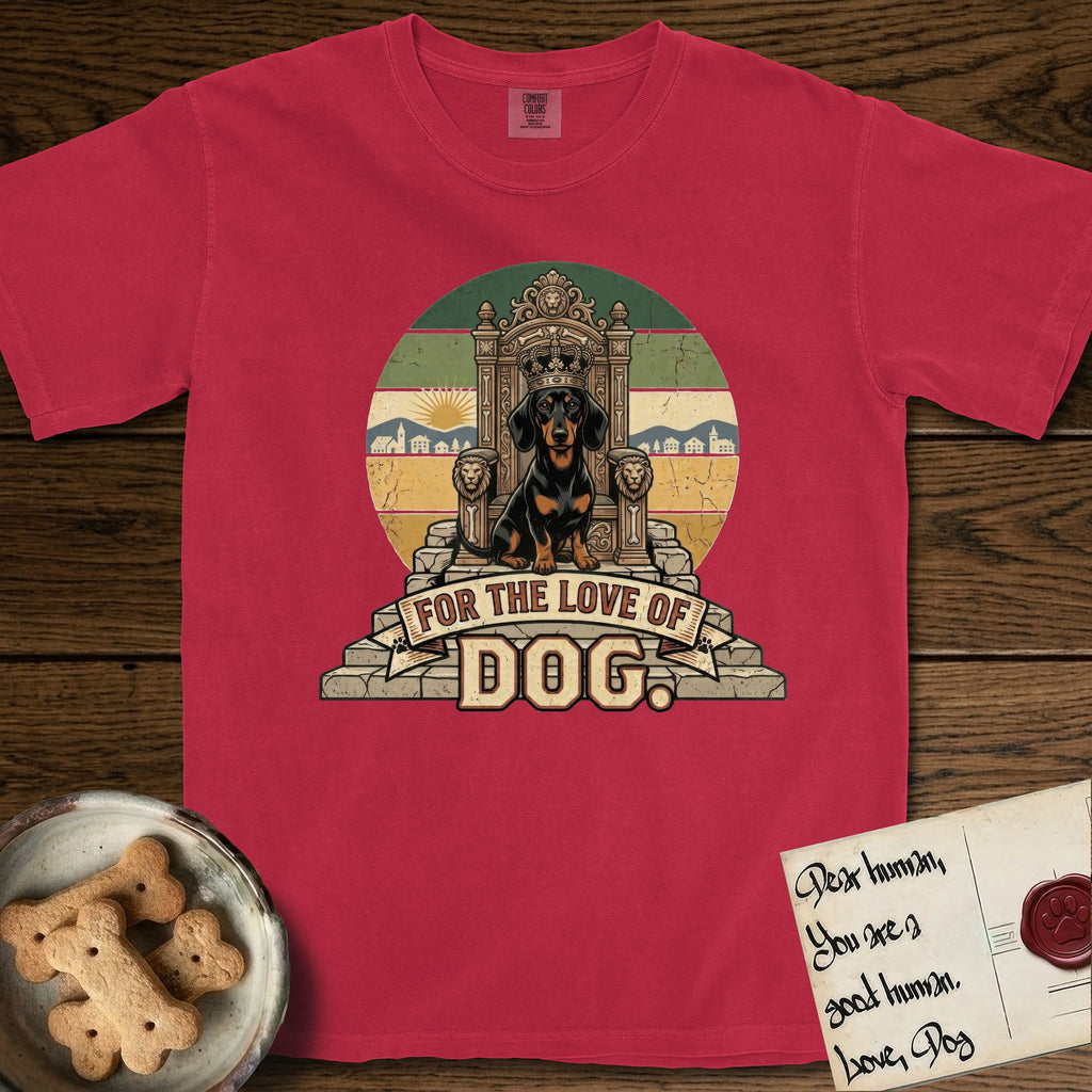 For the Love of Dog Dachshund T-Shirt flat lay in Red, featuring a vintage badge of a crowned Dachshund seated on a throne.