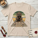 For the Love of Dog Dachshund T-Shirt flat lay in Sand, featuring a vintage badge of a crowned Dachshund seated on a throne.