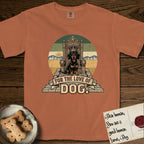 For the Love of Dog Dachshund T-Shirt flat lay in Yam, featuring a vintage badge of a crowned Dachshund seated on a throne.