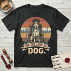 For the Love of Dog Dalmatian T-Shirt flat lay in Black, featuring a vintage badge of a crowned Dalmatian seated on a throne.