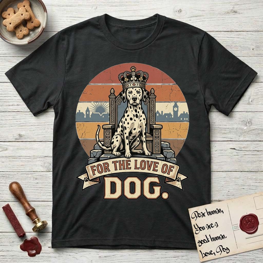For the Love of Dog Dalmatian T-Shirt flat lay in Black, featuring a vintage badge of a crowned Dalmatian seated on a throne.