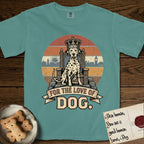 For the Love of Dog Dalmatian T-Shirt flat lay in Blue Spruce, featuring a vintage badge of a crowned Dalmatian seated on a throne.