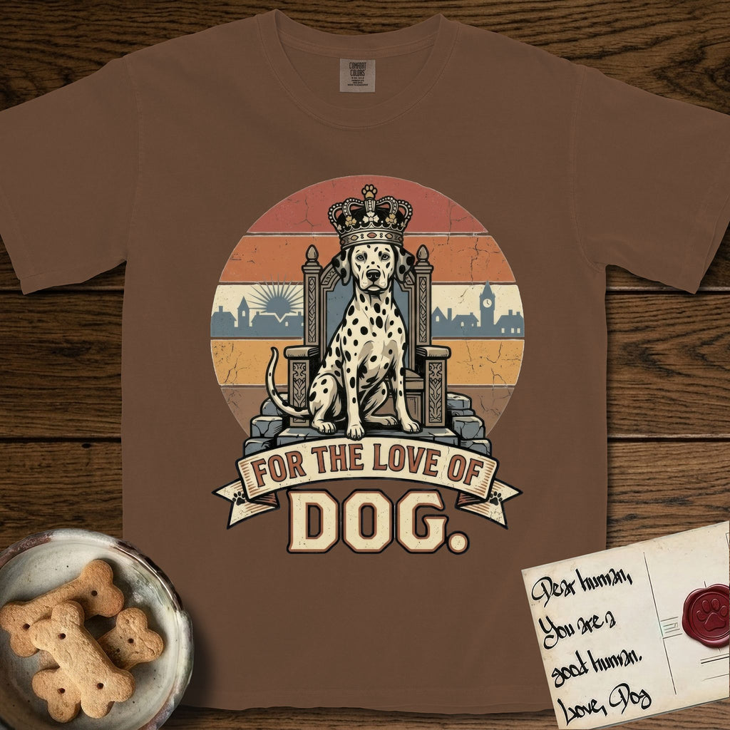 For the Love of Dog Dalmatian T-Shirt flat lay in Espresso, featuring a vintage badge of a crowned Dalmatian seated on a throne.