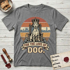 For the Love of Dog Dalmatian T-Shirt flat lay in Graphite Heather, featuring a vintage badge of a crowned Dalmatian seated on a throne.