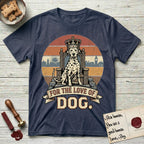 For the Love of Dog Dalmatian T-Shirt flat lay in Heather Navy, featuring a vintage badge of a crowned Dalmatian seated on a throne.