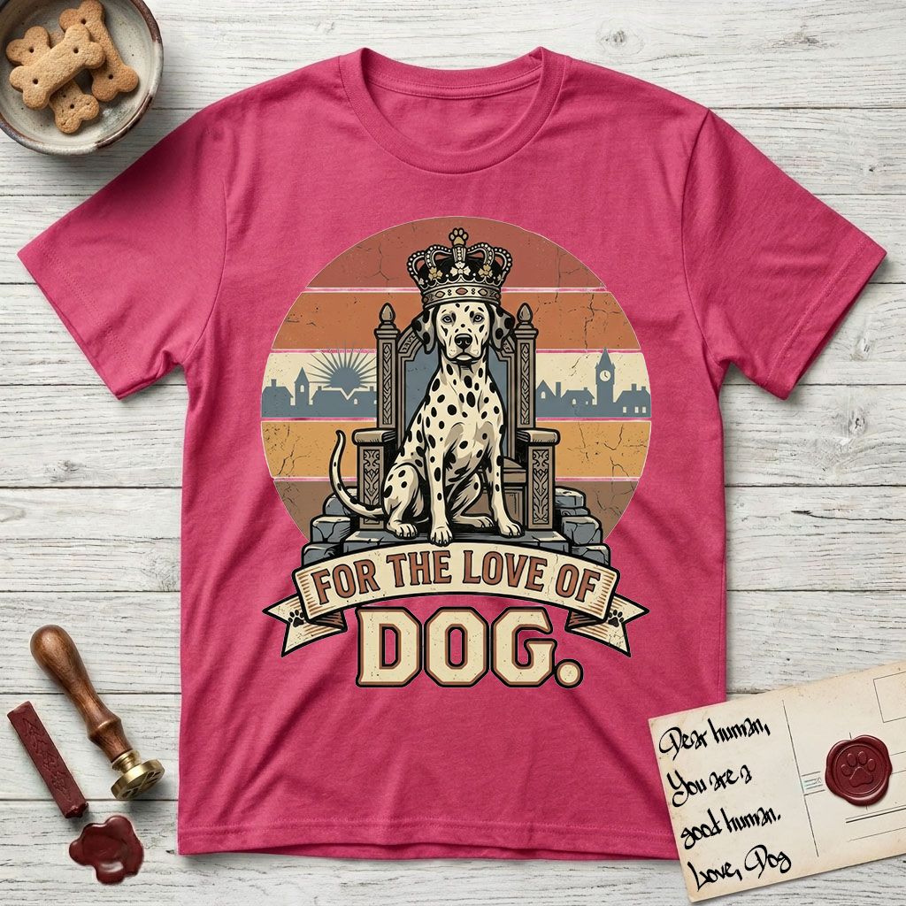 For the Love of Dog Dalmatian T-Shirt flat lay in Heather Red, featuring a vintage badge of a crowned Dalmatian seated on a throne.