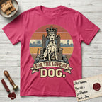 For the Love of Dog Dalmatian T-Shirt flat lay in Heather Red, featuring a vintage badge of a crowned Dalmatian seated on a throne.