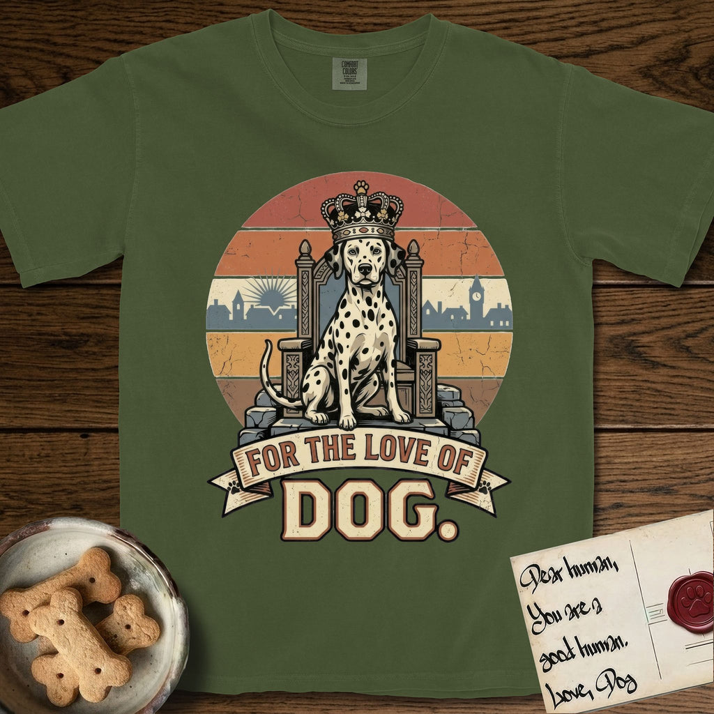 For the Love of Dog Dalmatian T-Shirt flat lay in Hemp, featuring a vintage badge of a crowned Dalmatian seated on a throne.