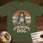 For the Love of Dog Dalmatian T-Shirt flat lay in Hemp, featuring a vintage badge of a crowned Dalmatian seated on a throne.