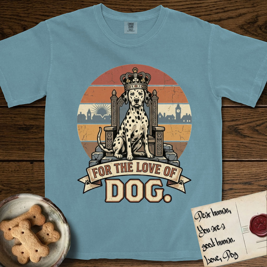 For the Love of Dog Dalmatian T-Shirt flat lay in Ice Blue, featuring a vintage badge of a crowned Dalmatian seated on a throne.