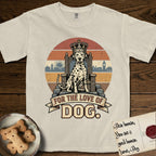 For the Love of Dog Dalmatian T-Shirt flat lay in Ivory, featuring a vintage badge of a crowned Dalmatian seated on a throne.