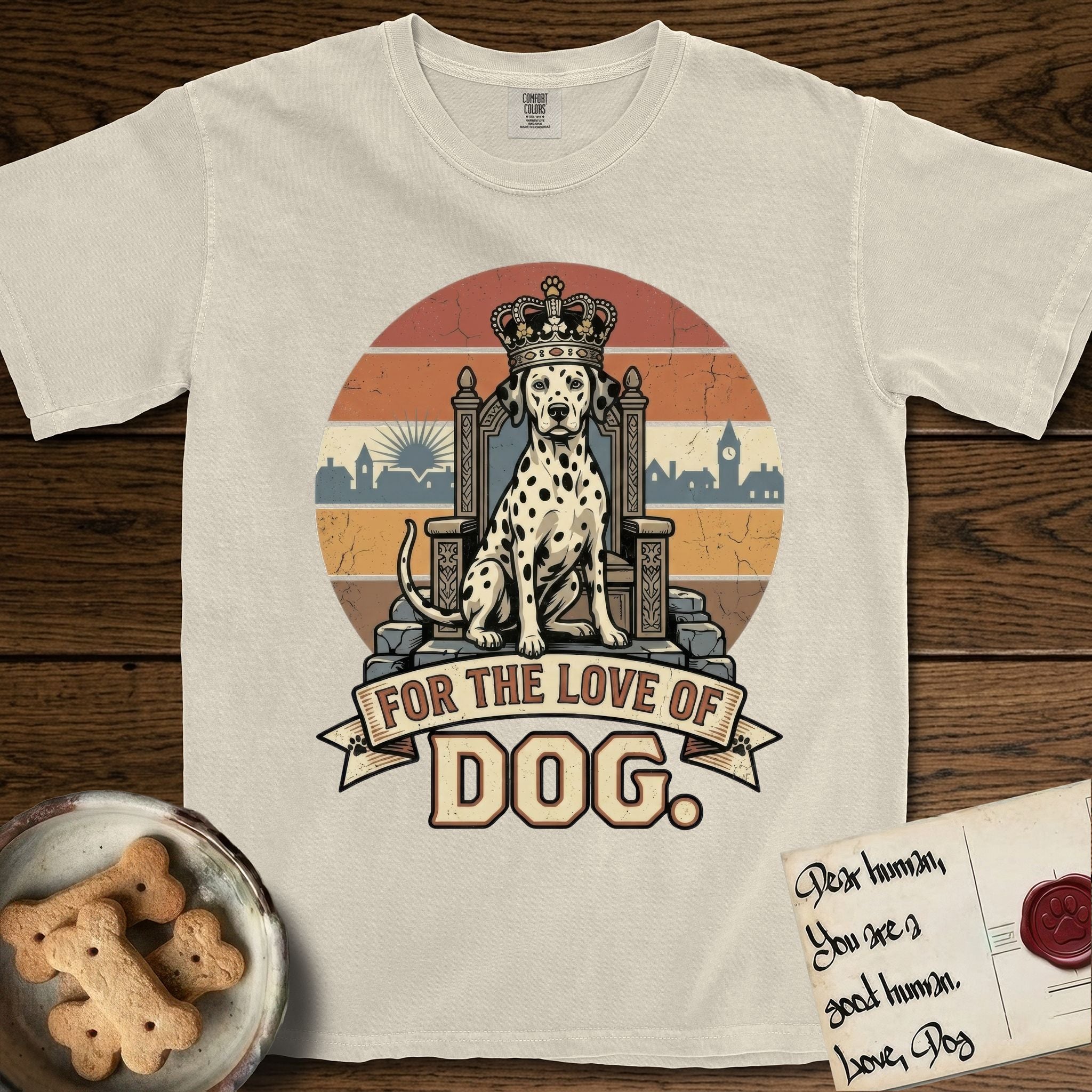 For the Love of Dog Dalmatian T-Shirt flat lay in Ivory, featuring a vintage badge of a crowned Dalmatian seated on a throne.