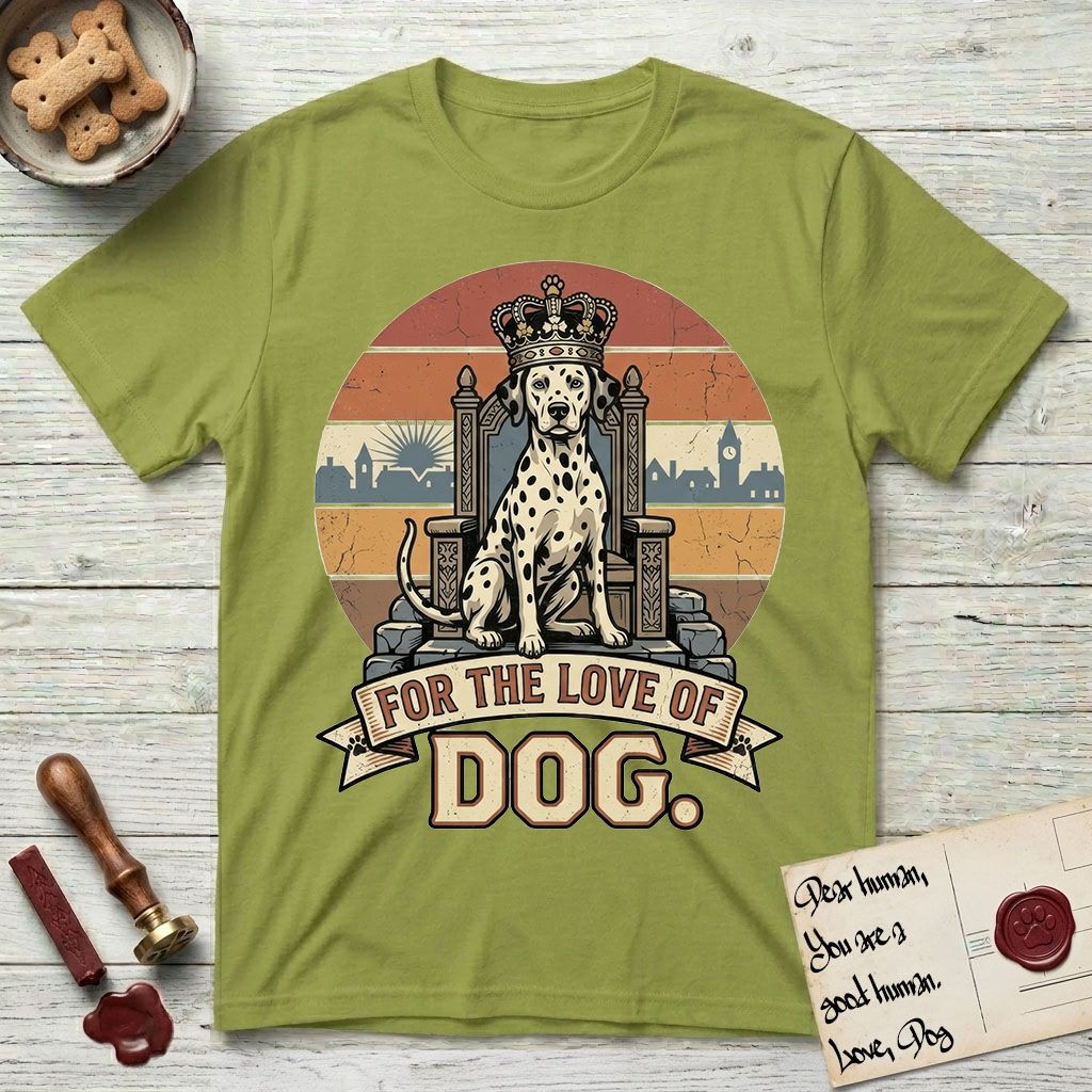 For the Love of Dog Dalmatian T-Shirt flat lay in Kiwi, featuring a vintage badge of a crowned Dalmatian seated on a throne.