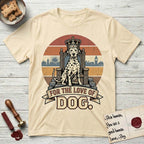 For the Love of Dog Dalmatian T-Shirt flat lay in Natural, featuring a vintage badge of a crowned Dalmatian seated on a throne.