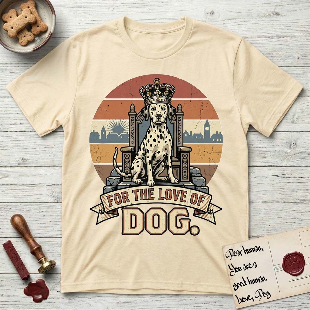 For the Love of Dog Dalmatian T-Shirt flat lay in Natural, featuring a vintage badge of a crowned Dalmatian seated on a throne.