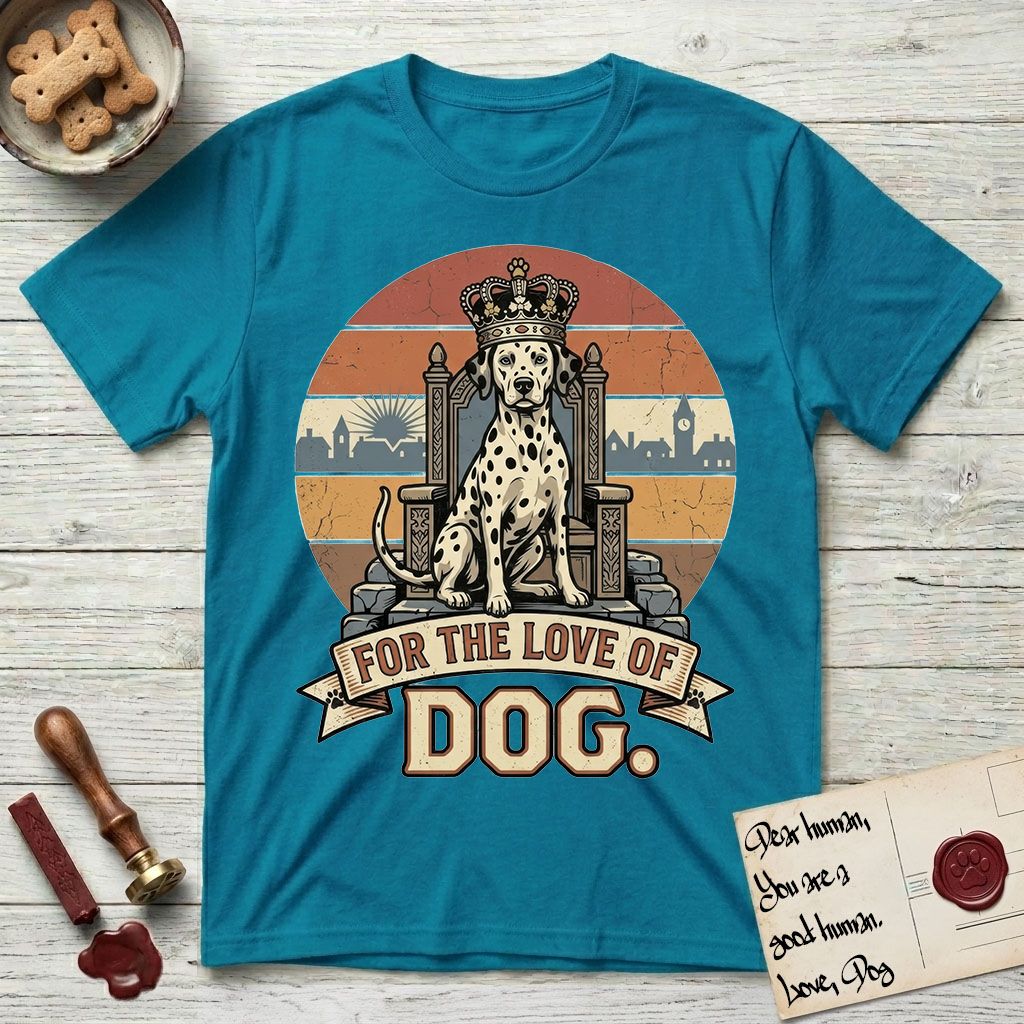 For the Love of Dog Dalmatian T-Shirt flat lay in Tropical Blue, featuring a vintage badge of a crowned Dalmatian seated on a throne.