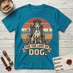 For the Love of Dog Dalmatian T-Shirt flat lay in Tropical Blue, featuring a vintage badge of a crowned Dalmatian seated on a throne.