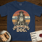 For the Love of Dog Dalmatian T-Shirt flat lay in True Navy, featuring a vintage badge of a crowned Dalmatian seated on a throne.
