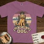For the Love of Dog Goldendoodle T-Shirt flat lay in Berry, featuring a vintage badge of a crowned Goldendoodle seated on a throne.