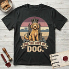 For the Love of Dog Goldendoodle T-Shirt flat lay in Black, featuring a vintage badge of a crowned Goldendoodle seated on a throne.