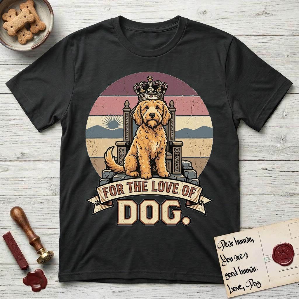 For the Love of Dog Goldendoodle T-Shirt flat lay in Black, featuring a vintage badge of a crowned Goldendoodle seated on a throne.