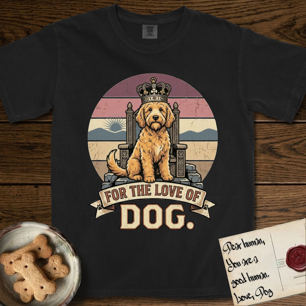 For the Love of Dog Goldendoodle T-Shirt flat lay in Black, featuring a vintage badge of a crowned Goldendoodle seated on a throne.