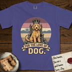 For the Love of Dog Goldendoodle T-Shirt flat lay in Grape, featuring a vintage badge of a crowned Goldendoodle seated on a throne.