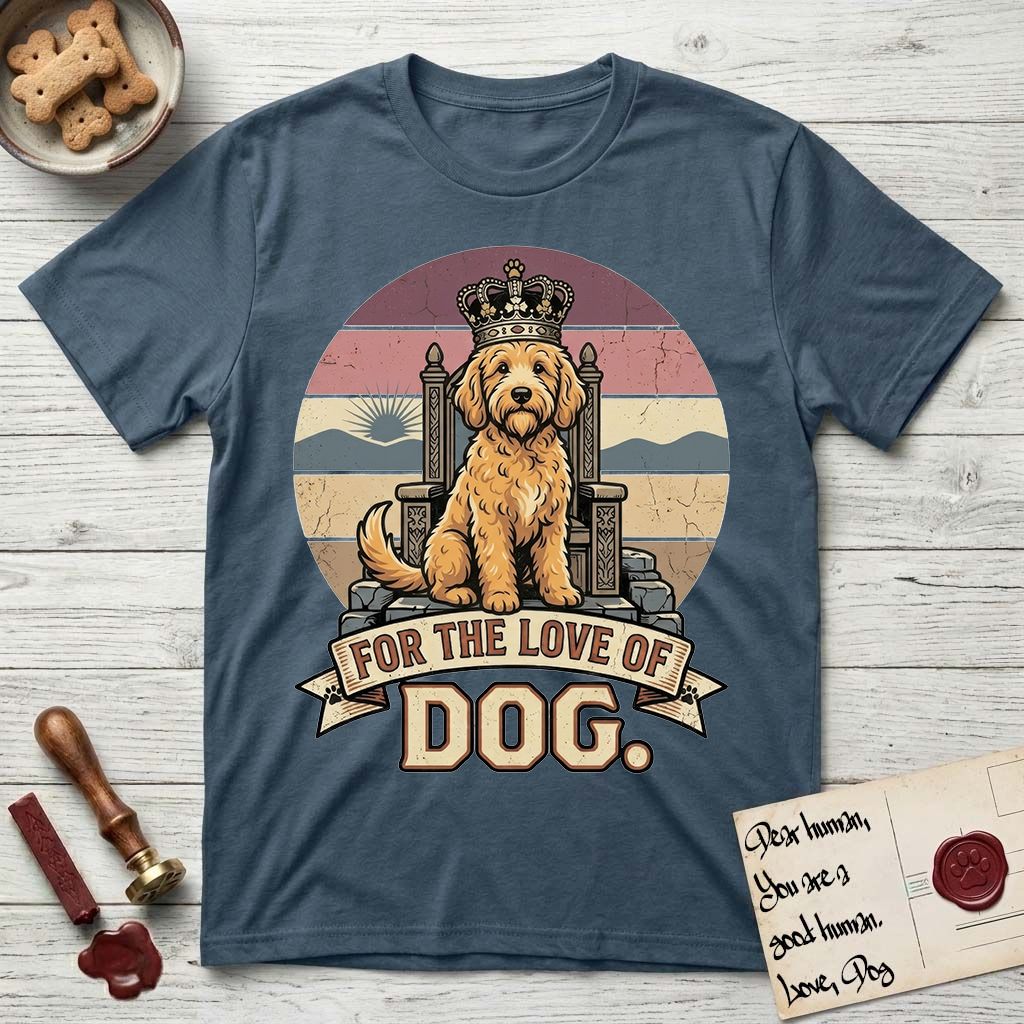 For the Love of Dog Goldendoodle T-Shirt flat lay in Indigo Blue, featuring a vintage badge of a crowned Goldendoodle seated on a throne.