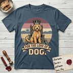 For the Love of Dog Goldendoodle T-Shirt flat lay in Indigo Blue, featuring a vintage badge of a crowned Goldendoodle seated on a throne.