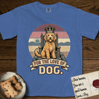 For the Love of Dog Goldendoodle T-Shirt flat lay in Mystic Blue, featuring a vintage badge of a crowned Goldendoodle seated on a throne.