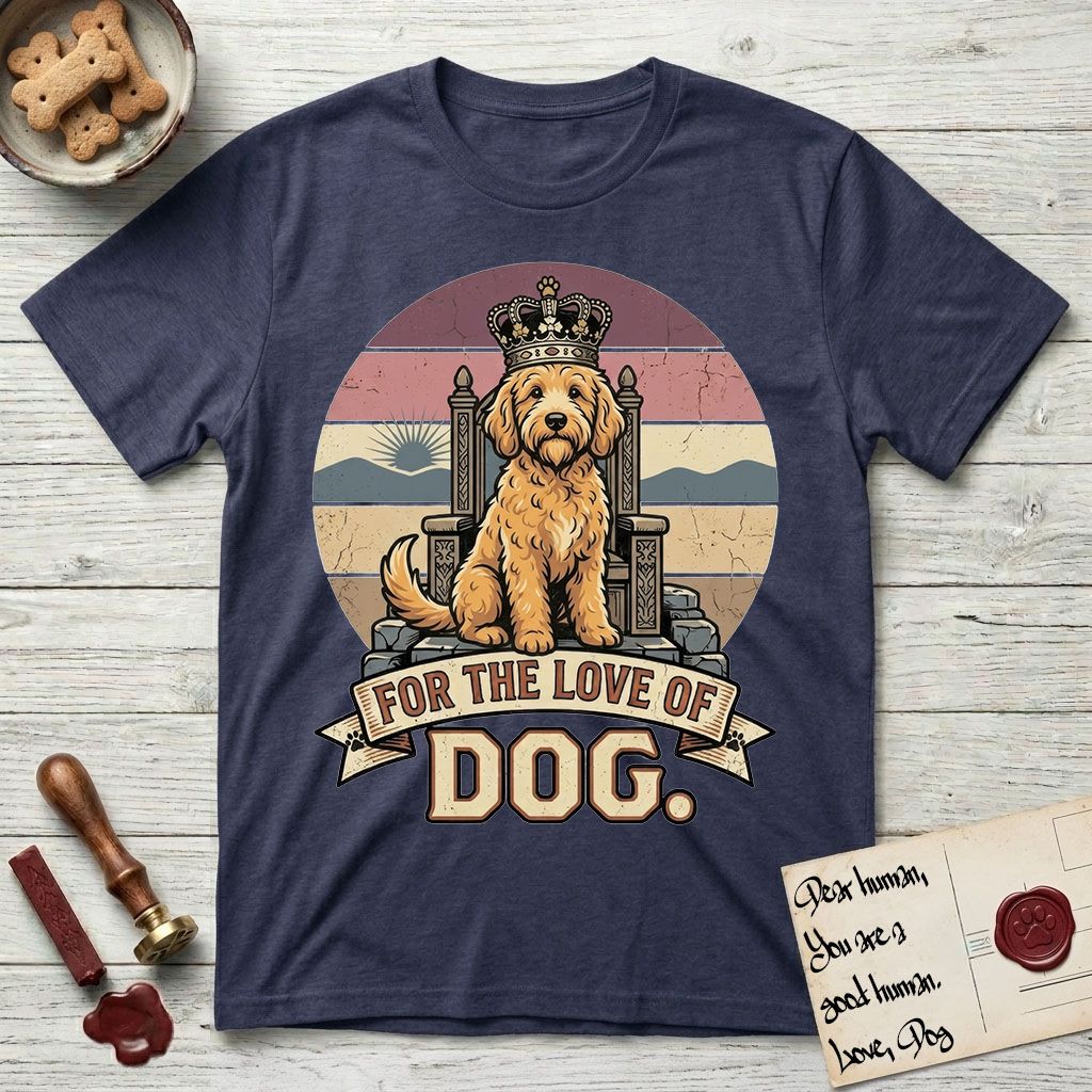 For the Love of Dog Goldendoodle T-Shirt flat lay in Navy, featuring a vintage badge of a crowned Goldendoodle seated on a throne.