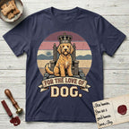 For the Love of Dog Goldendoodle T-Shirt flat lay in Navy, featuring a vintage badge of a crowned Goldendoodle seated on a throne.