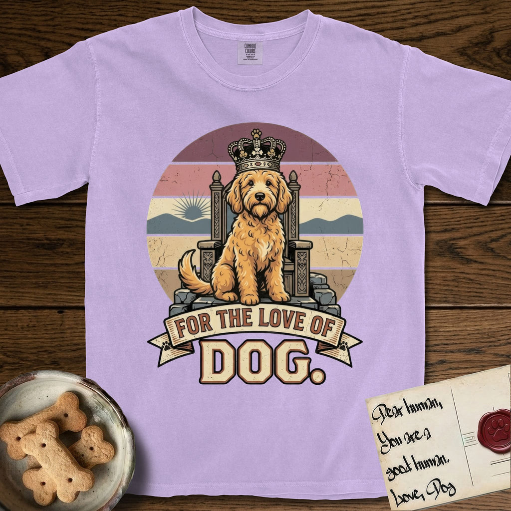 For the Love of Dog Goldendoodle T-Shirt flat lay in Orchid, featuring a vintage badge of a crowned Goldendoodle seated on a throne.