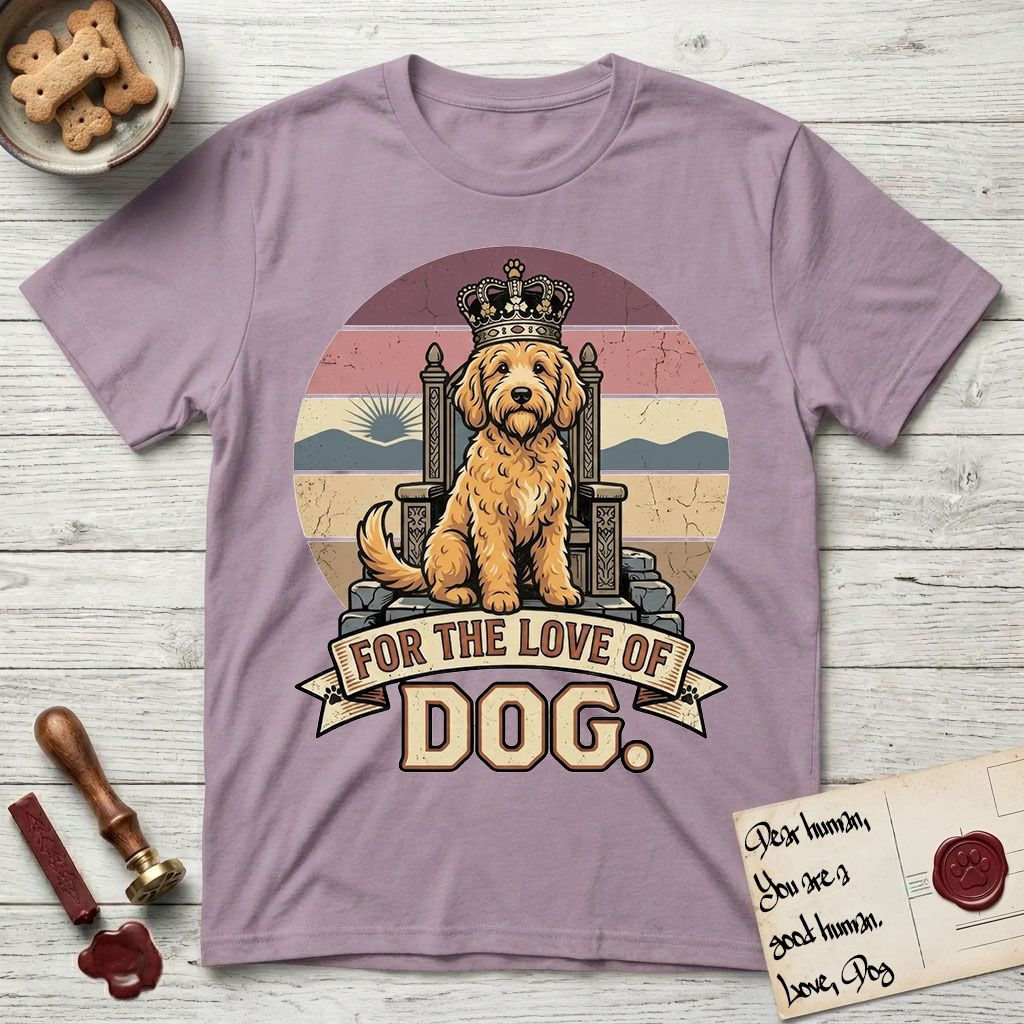 For the Love of Dog Goldendoodle T-Shirt flat lay in Paragon, featuring a vintage badge of a crowned Goldendoodle seated on a throne.